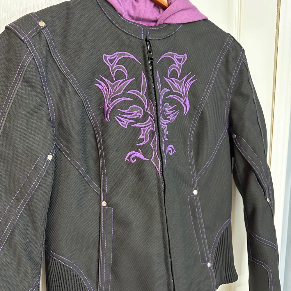 Women Black Purple Motorcycle Jacket Hoodie Liner Tribal Embroidery Biker Medium - Picture 2 of 16